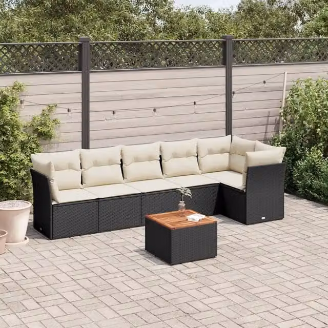 Set di Divani da Giardino a L con Cuscini vidaXL in Polyrattan Nero e Bianco con Tavolino da Caffè