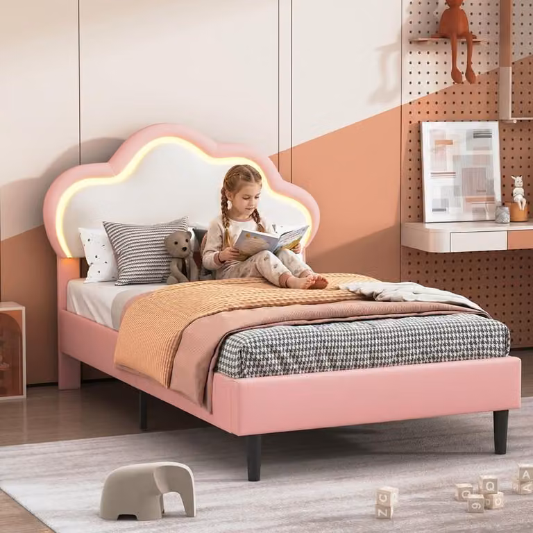 Letto singolo ProximaX 90x200 cm per bambini, in ecopelle rosa, letto imbottito con testiera a forma di nuvola, illuminazione LED RGB, letto per ragazzi