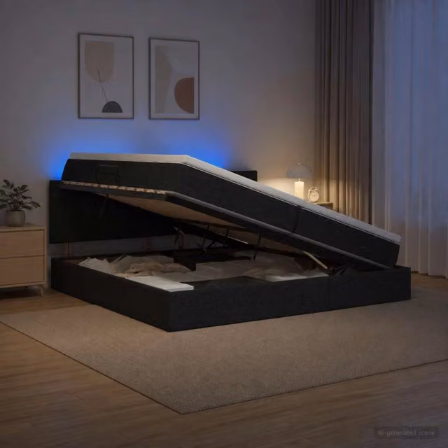 Letto con contenitore vidaXL in tessuto nero con illuminazione LED e porta USB, L/P/H: 200 x 200 x 88 cm
