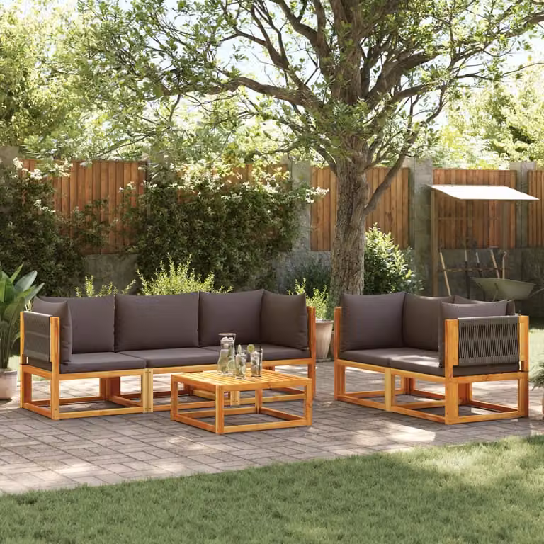 Set di divani da giardino vidaXL 6 pezzi in legno di acacia oliato con cuscini in corda grigi e marroni