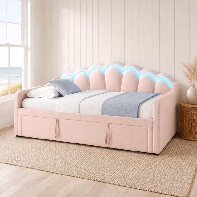 Letto estraibile OKWISH in velluto rosa con illuminazione LED sottostante, L/P/H: 90 x 200 x 186.5 cm