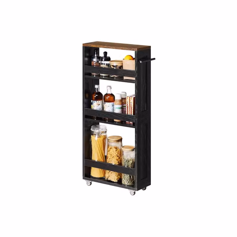 Carrello stretto con maniglia e rotelle, Nero Ebano + Marrone Vintage