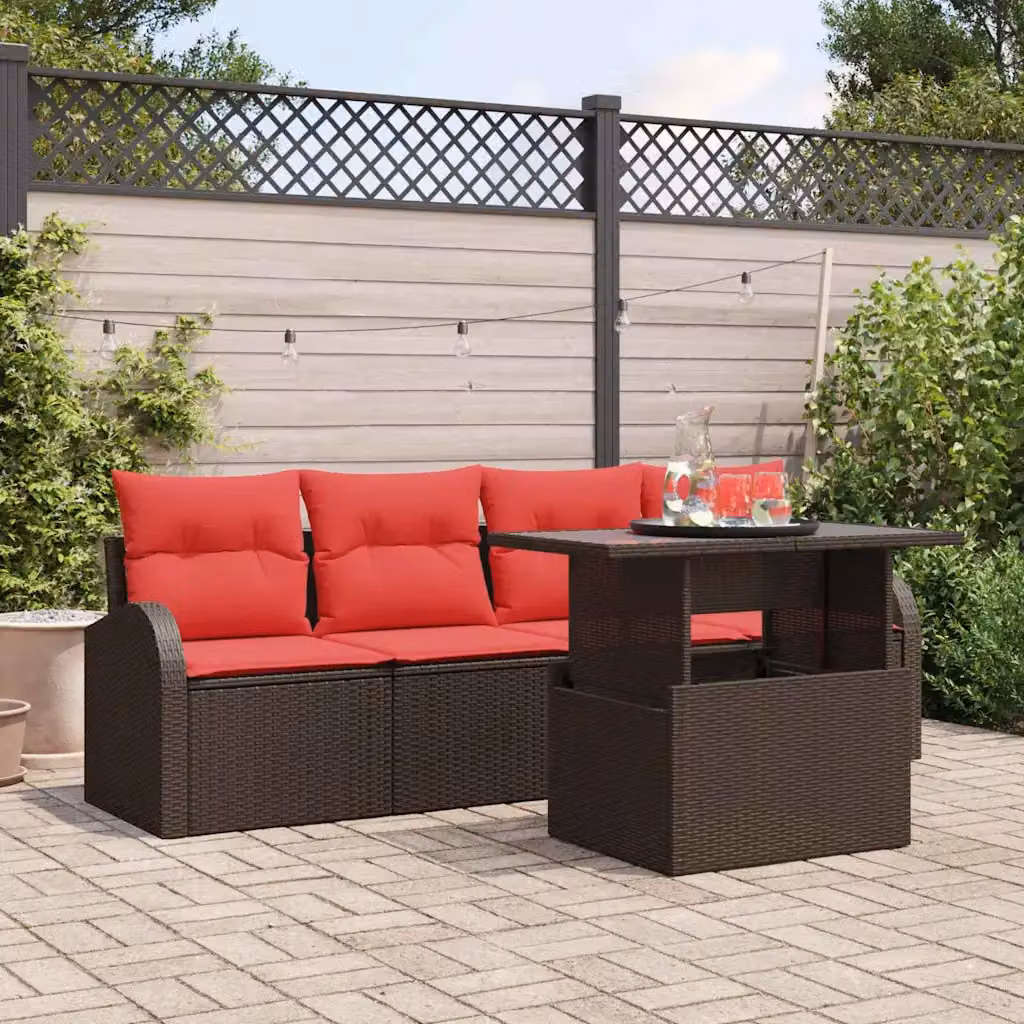 Set Divano da Giardino Moderno vidaXL 5 Pezzi in Rattan con Cuscini e Tavolino da Caffè, Struttura in Acciaio Verniciato e Tessuto per Esterno, Colore Marrone