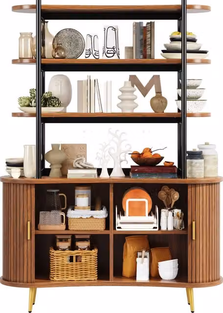 Credenza alta con scaffale aperto a quattro livelli; 120 x 40 x 183 cm; ante a serrandina; MDF marrone scuro e gambe dorate