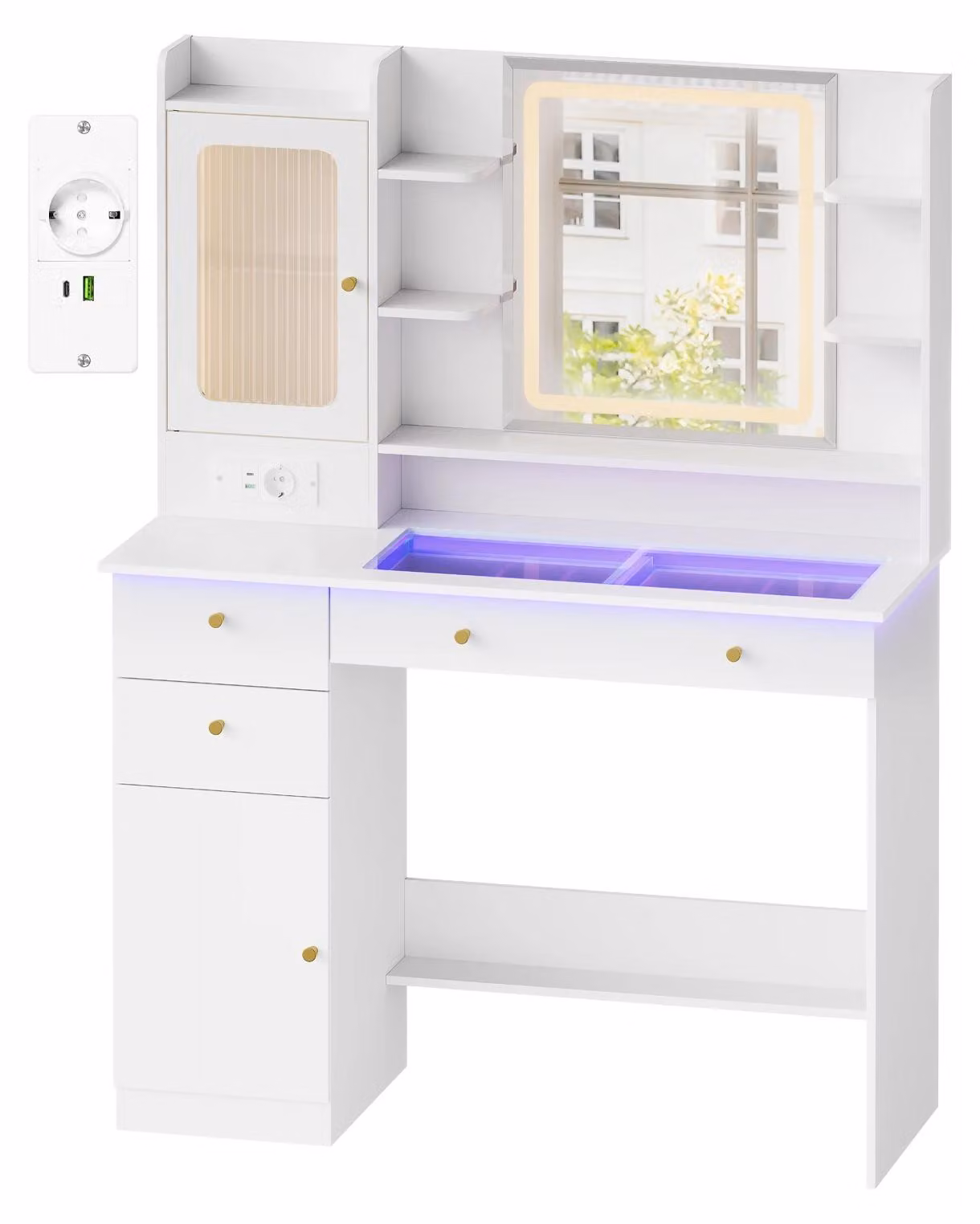 Comò da trucco - Tavolino da trucco con specchio a LED - Illuminazione RGB - Stazione di ricarica multipresa - Contenitore per gioielli in vetro trasparente - 3 cassetti - Bianco