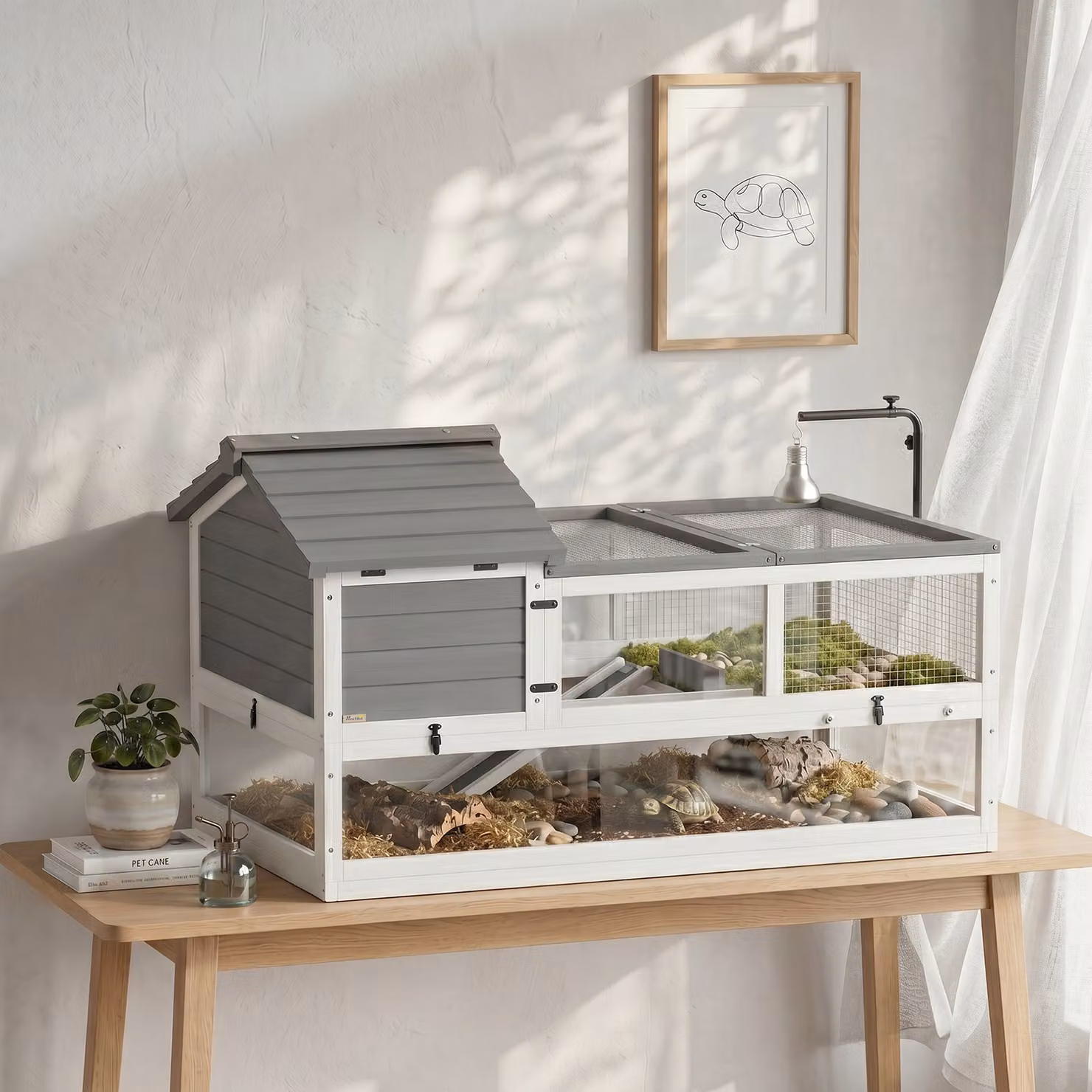 Casa per tartarughe in legno PawHut con due casette e tetto apribile, grigio – 2