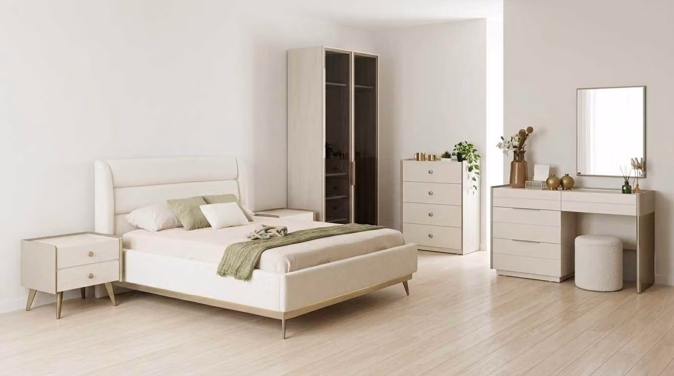 Set per camera da letto beige, moderno, composto da: letto, comò da trucco, armadio con vetri