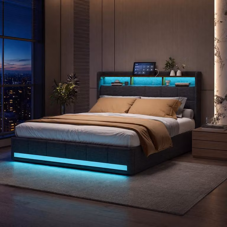 Letto imbottito UnboxG, 140x190 cm, con 4 cassetti, illuminazione LED, porta USB, testiera contenitore, rete a doghe, colore grigio