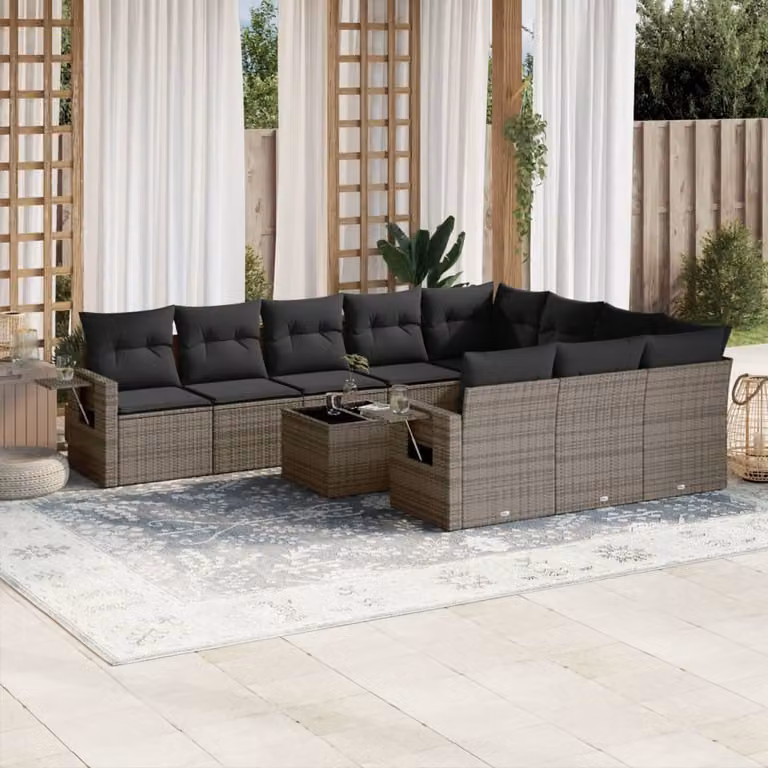 vidaXL Set Divani da Giardino 11 pz in Polyrattan Grigio con Cuscini e Tavolino
