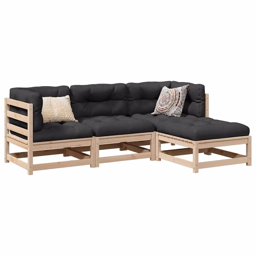 vidaXL Set Divani da Giardino 4 pz a L in Legno di Pino con Cuscini, Marrone e Grigio – 1