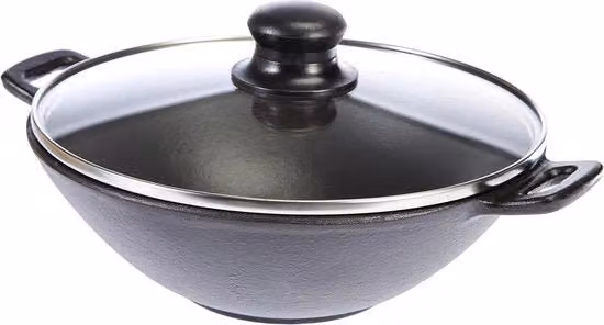 Wok con coperchio - griglia a vapore - stecchi - pentola in ghisa - 24 cm - piastre elettriche - nero