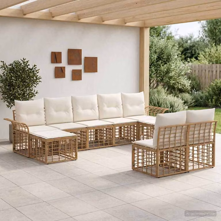 Set di divani da esterno vidaXL 9 pz a forma di U in stile rustico, colore beige e bianco crema con struttura in acciaio e cuscini inclusi