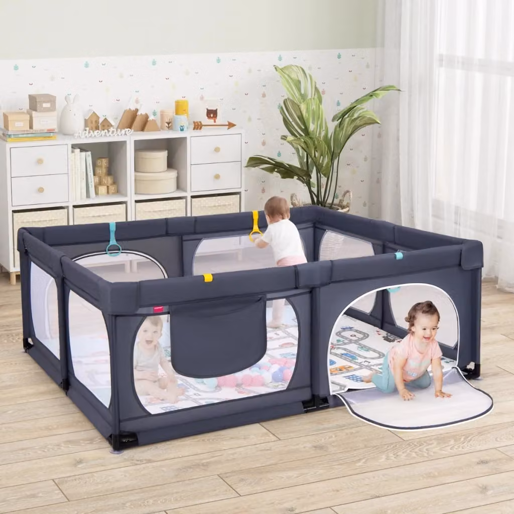 Recinto per bambini Design Mania con materassino a 4 anelli e 50 palline colorate, Grigio scuro, L: 189 cm, P: 158 cm, H: 69 cm – 2