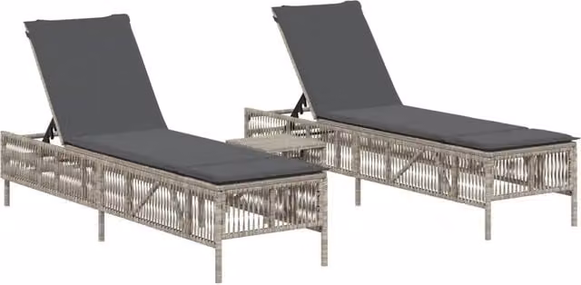 Lettini Prendisole 2 pz | Sdraio da giardino | Lettino da sole con Tavolino Grigio Chiaro in Polyrattan