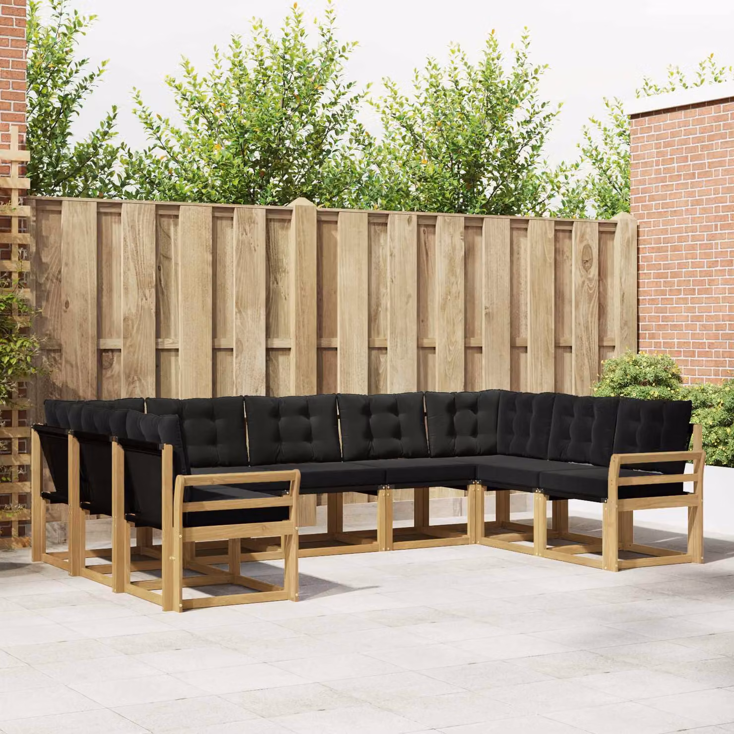 vidaXL Set di divani da esterno 9 pz in legno di acacia con cuscini bianchi, neri e marroni