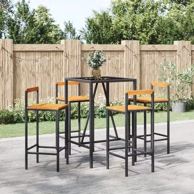 Set Bar Giardino 5 pz Nero Polyrattan e Legno Massello Acacia 3187691