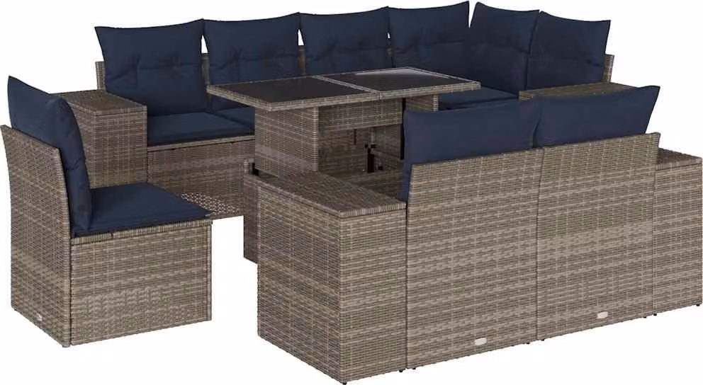 Set Divani da Giardino 9 pz con Cuscini Grigio in Polyrattan
