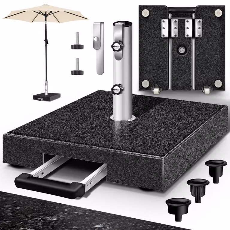 Supporto per ombrellone tillvex® Granit con rotelle e maniglia di trasporto, antracite - 27 kg, forma angolare con maniglia a trolley | Supporto per ombrellone con tubo in acciaio inossidabile | Supporto per ombrellone da balcone per aste da 16-48 mm e om