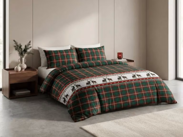Biancheria da letto in flanella, motivo renna, verde, dimensioni: 70x90 cm + 140x200 cm