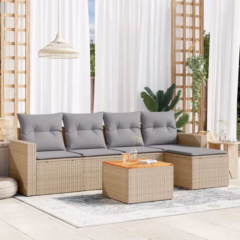 Set Divano da Giardino L-Shape vidaXL 6 pz con Cuscini Beige e Grigio in Polyrattan e Acciaio