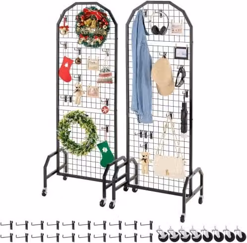 Set di 2 Pannelli a Griglia VEVOR in Acciaio al Carbonio Nero, Espositore da Pavimento con 20 Ganci, L: 60 cm, H: 164 cm