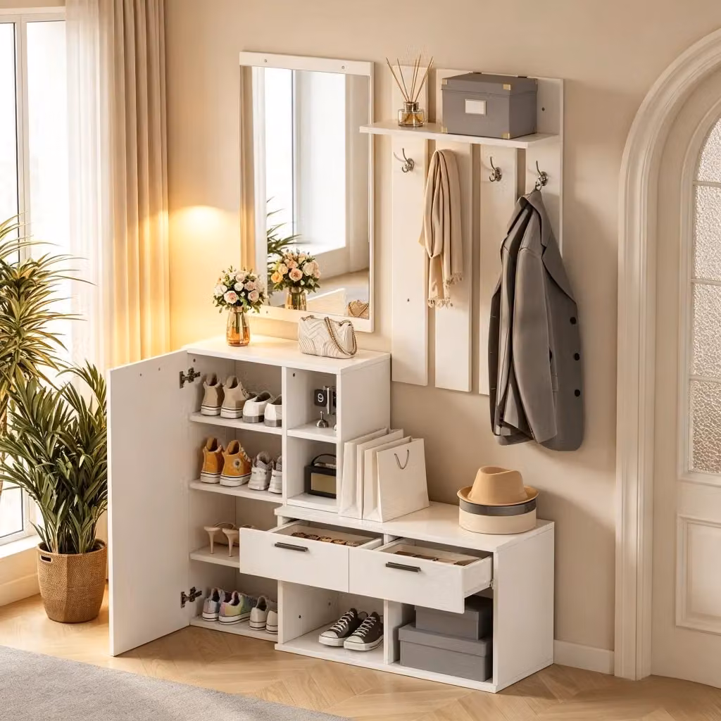 Set da ingresso SINGULARTY composto da scarpiera, specchio e appendiabiti con 2 cassetti, bianco opaco, L/P/H: 120 x 35 x 175,5 cm – 2