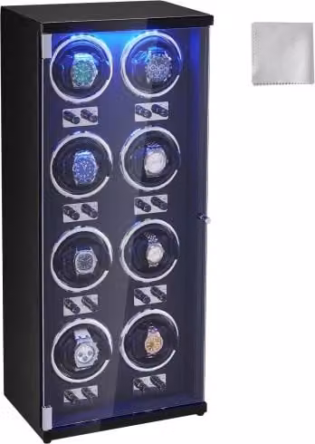 Caricaorologi VEVOR per 8 orologi automatici con motori giapponesi silenziosi, luce LED blu e rivestimento in PU nero