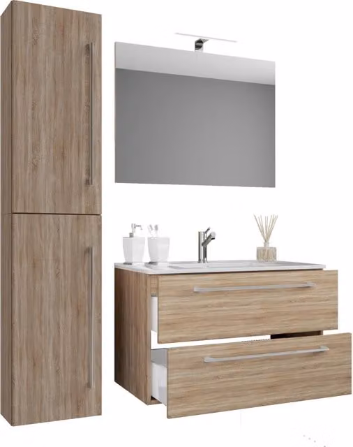 Completo Set bagno 4 Pezzi Mobile sospeso 2 casetti con Lavabo Extra large in ceramica incl 1 Colonna e specchio, Rovere ,