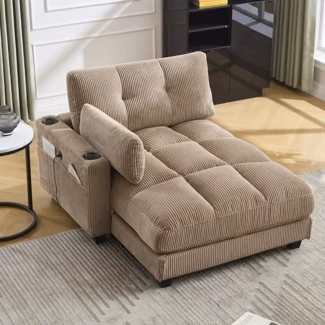 Poltrona relax con portabevande tasca laterale porte USB e cuscini regolabili in velluto a coste kaki 140 × 112 × 81 cm