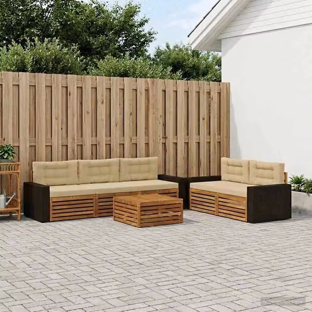 Set di divani da esterno vidaXL a forma di L con tavolo da caffè, in legno di acacia e tessuto beige, composto da 6 pezzi – 1