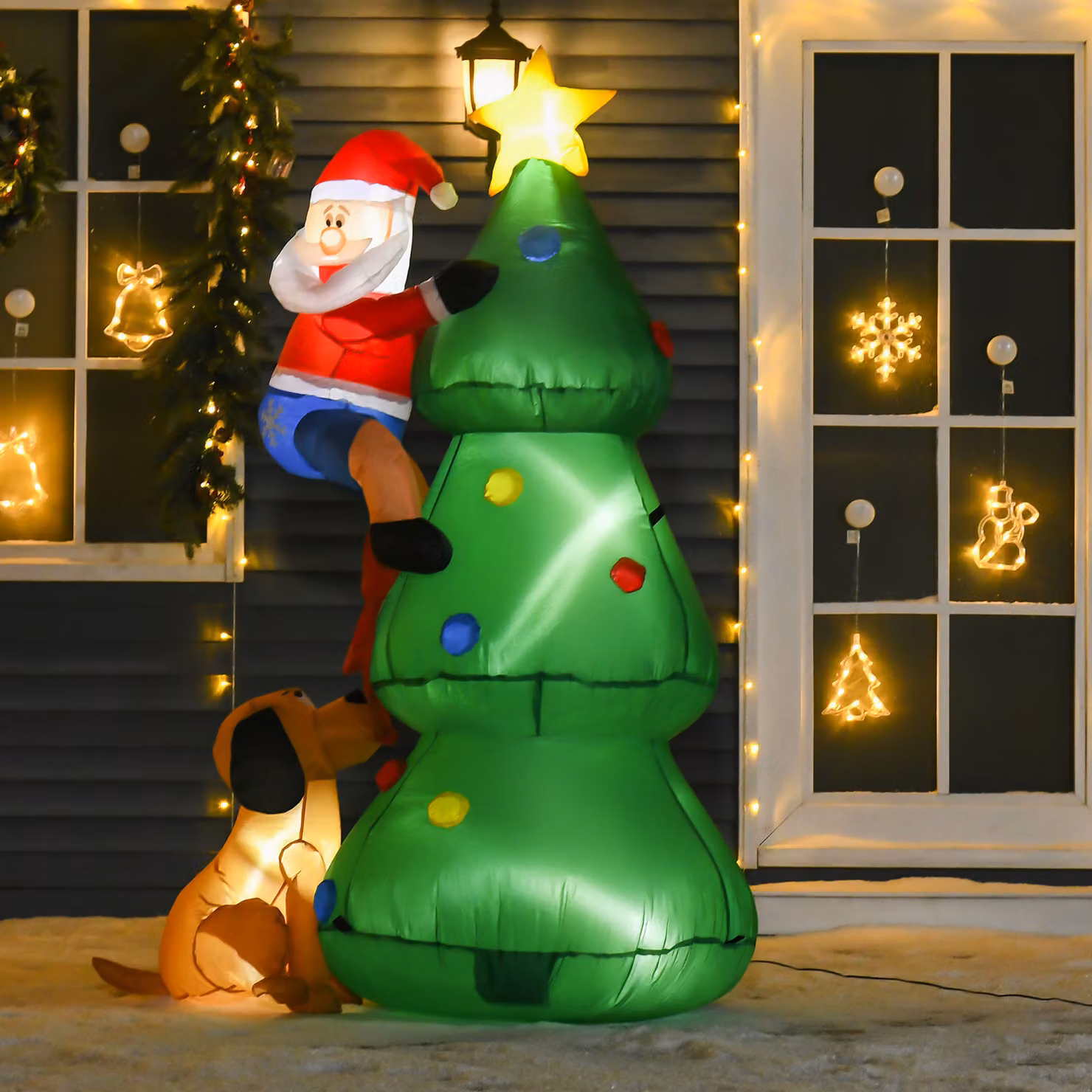 Albero di Natale Gonfiabile HOMCOM Verde con Babbo Natale, Cagnolino e Luci LED, Altezza: 180 cm – 2