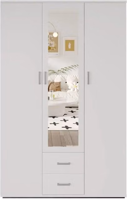 Armadio 3 ante con specchio TOM – Dimensioni H185 x L120 x P52 cm – Colore bianco – Stile design