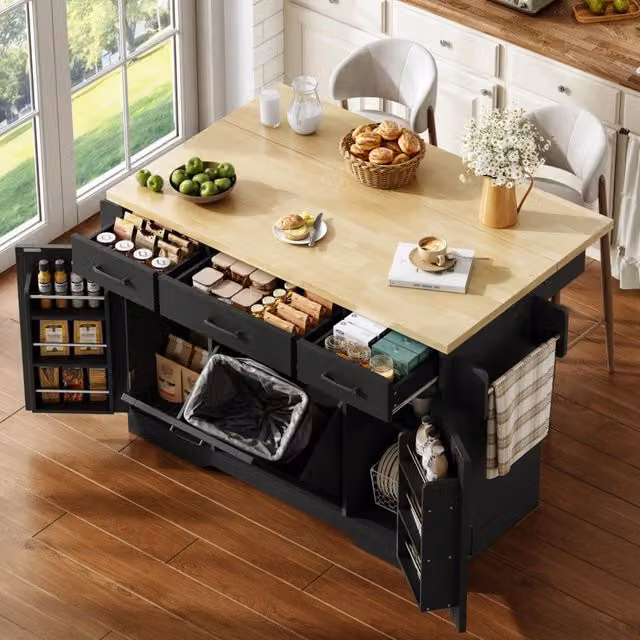 Carrello isola cucina con piano ribaltabile 120x70x87 cm in MDF nero