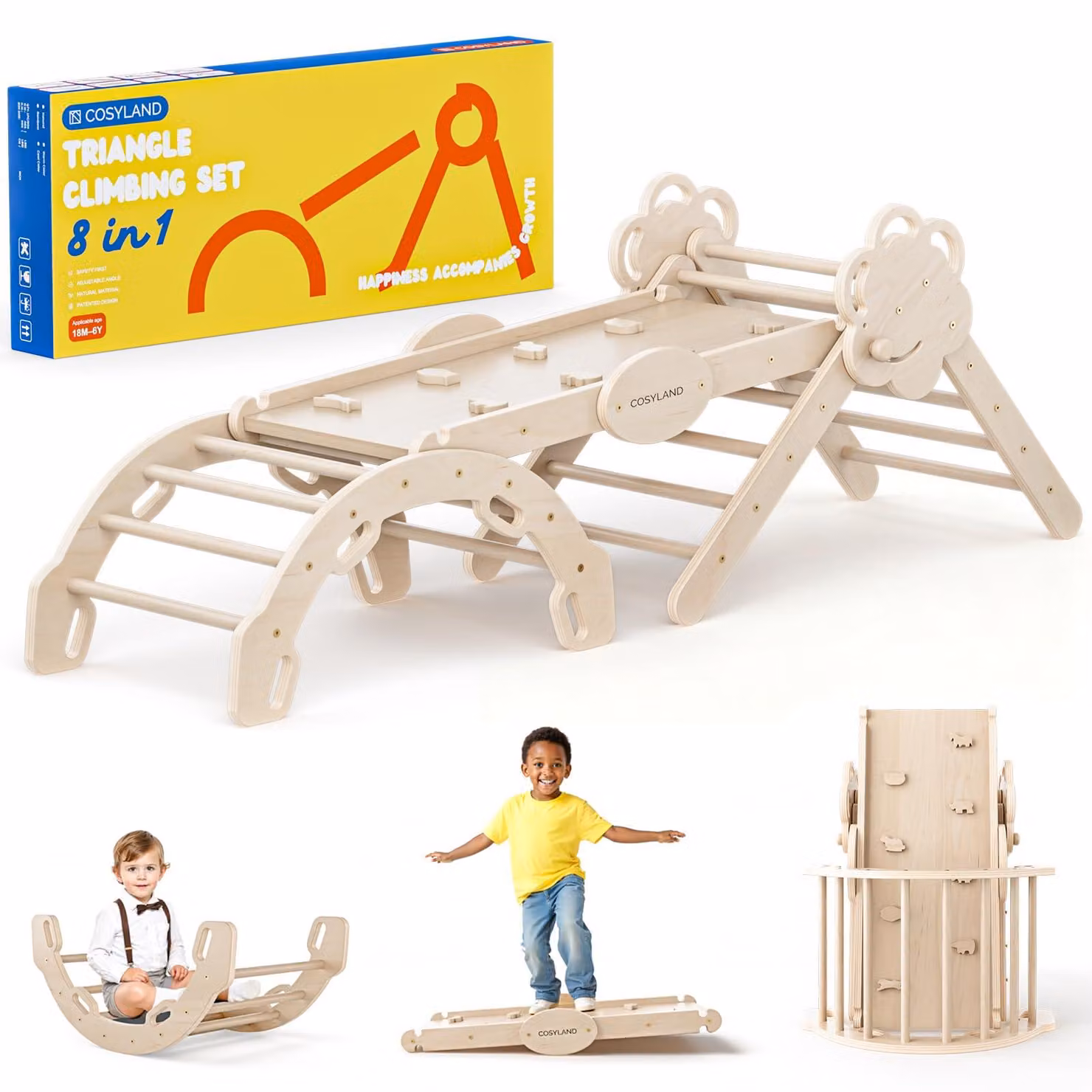 COSYLAND, struttura da gioco per interni, modello L – Grande set a forma di triangolo per arrampicata, con arco e scala