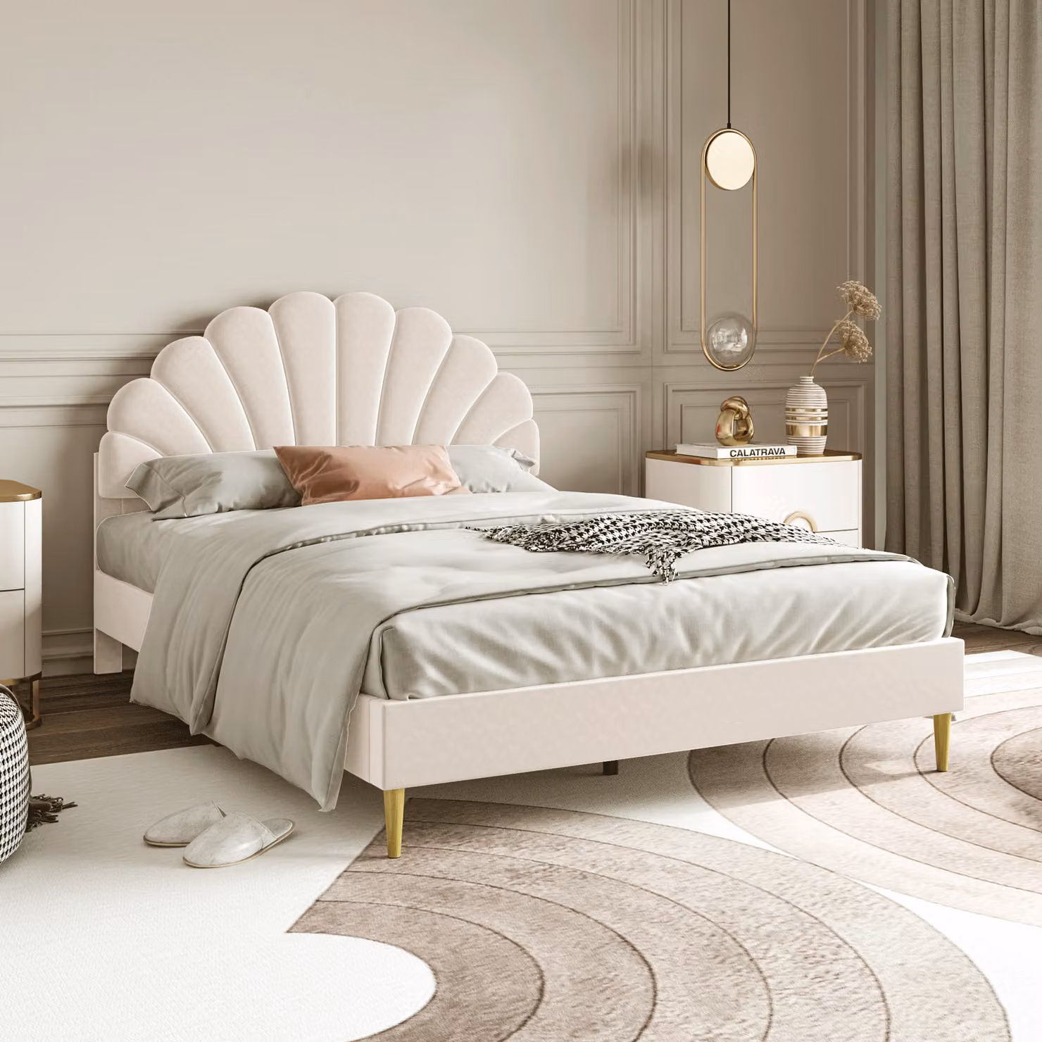 Letto imbottito Fortuna Lai 140 x 200 cm, struttura letto con rete a doghe e testata, letto matrimoniale imbottito a forma di fiore, letto per ospiti, letto per ragazzi, tessuto in velluto skin-friendly (beige)