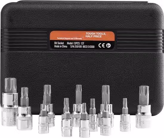 Set di inserti a bussola per viti Torx, 13 pezzi, da T8 a T60, realizzati in lega S2 e acciaio Cr-V, con attacco da 1/4 di pollice, 3/8 di pollice e 1/2 di pollice, fornito in una valigetta di trasporto