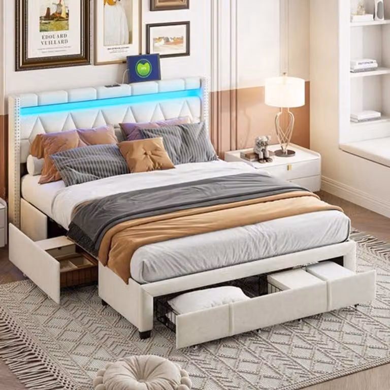 Letto imbottito in lino, dimensioni 160x200 cm, color beige, con 4 cassetti, illuminazione LED e porta USB