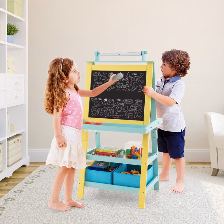 Cavalletto 3 in 1 Costway per bambini con lavagna bianca e nera e rotolo di carta, Giallo e Blu