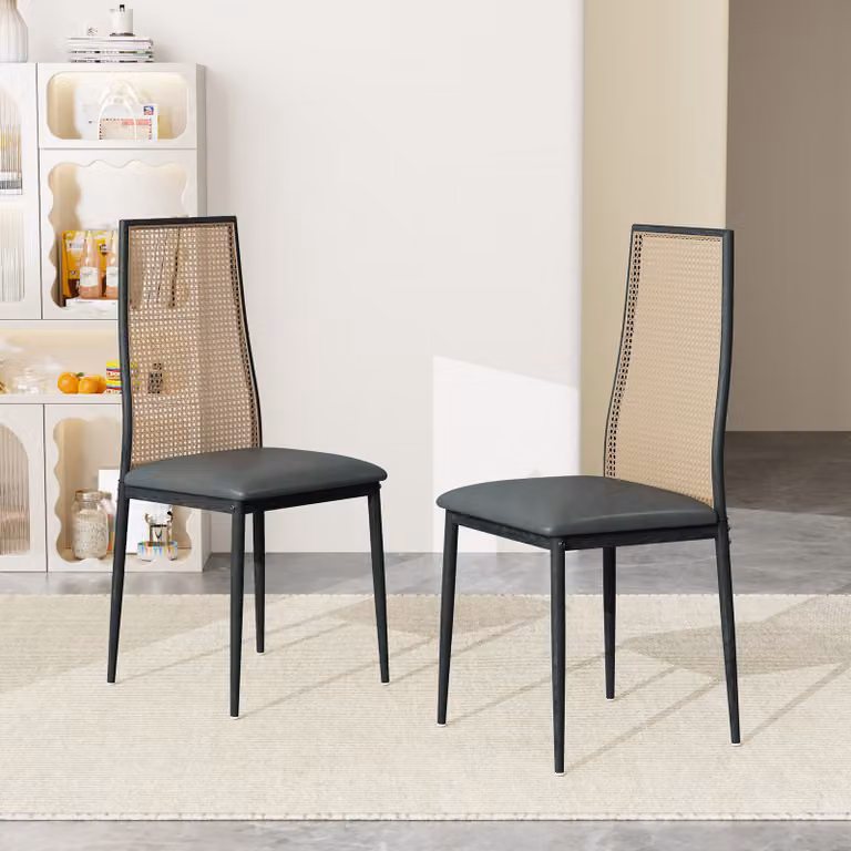 Set di 2 sedie da pranzo di design, Similcuoio, schienale in rattan, gambe in metallo, nero, 97,5 x 44 x 43 cm