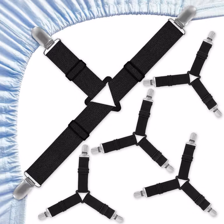 Fissaggi per lenzuola elastiche, set di 4 pezzi, regolabili, con clip, colore nero