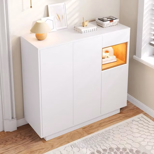 Scarpiera moderna REDOM con illuminazione LED e ante soft-close, Bianco e Beige, L: 105 cm, P: 39,5 cm, H: 100,5 cm