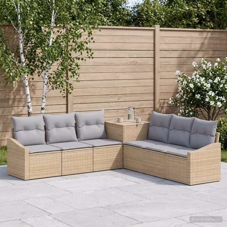 Set di divani da giardino vidaXL in polyrattan 7 pezzi, design moderno a L con cuscini inclusi, colori beige e grigio