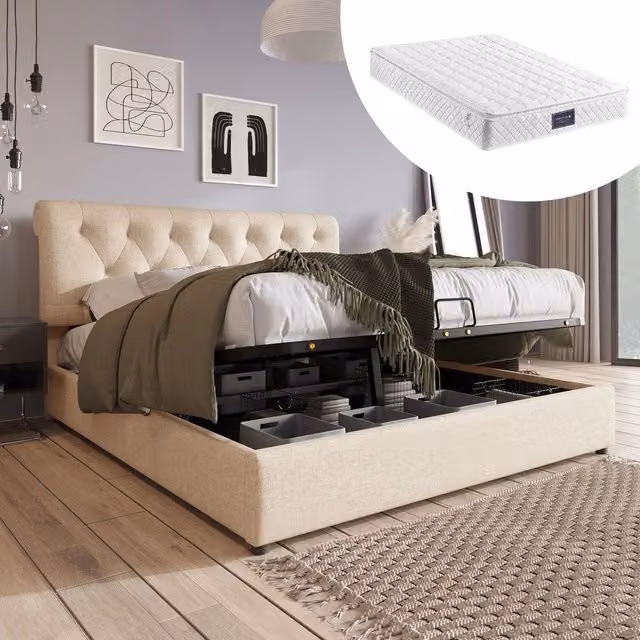Letto imbottito contenitore idraulico ¨C Minimal ¨C 140x200cm velluto beige rete a doghe in metallo con materasso