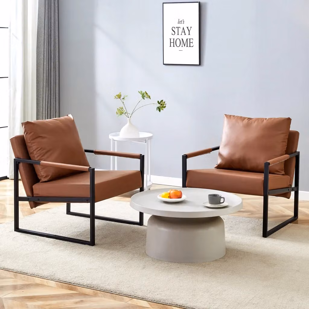 Poltrona da lettura OKWISH in ecopelle marrone con braccioli e struttura in metallo in stile industriale – 2