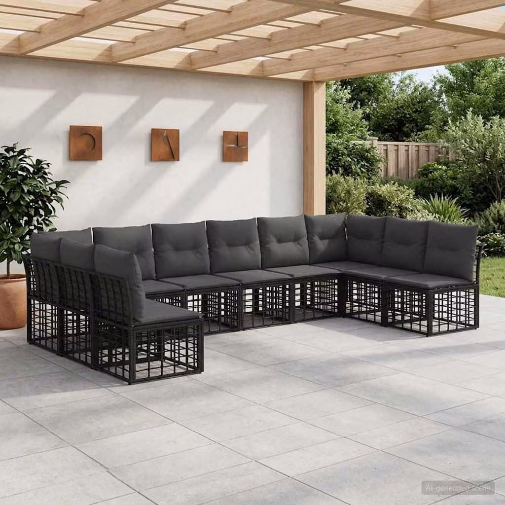 Set di divani da esterno a L vidaXL in polyrattan nero con cuscini in poliestere resistente ai raggi UV