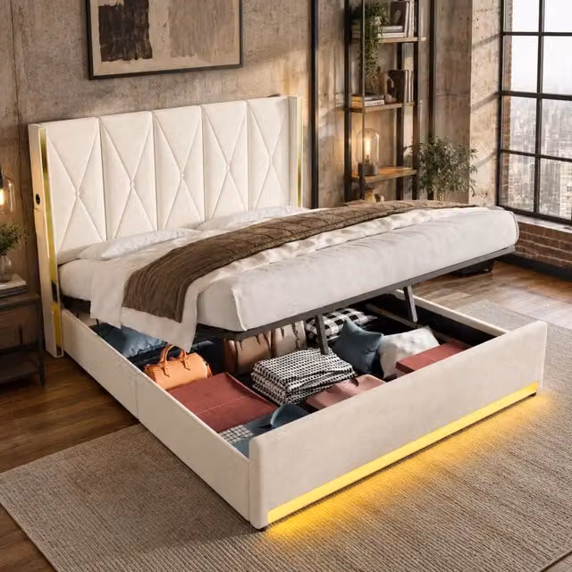 Letto matrimoniale 180 × 200 cm con contenitore in velluto beige testiera alta USB Type C e LED