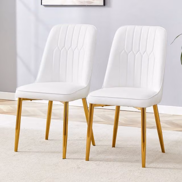 Sedia da pranzo moderna MIVRAY con schienale ergonomico in similpelle PU bianca e gambe in metallo dorato