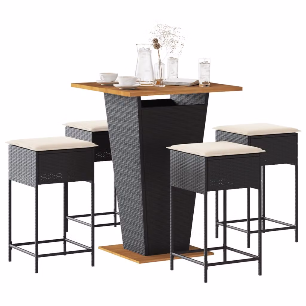 Set Bar da Giardino vidaXL in Polyrattan e Legno di Acacia con Cuscini, Nero e Beige