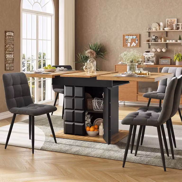 Tavolo allungabile, dimensioni 110-140x80x75 cm, finitura legno e nero, con ripiano e cassetti, adatto per 4-6 persone