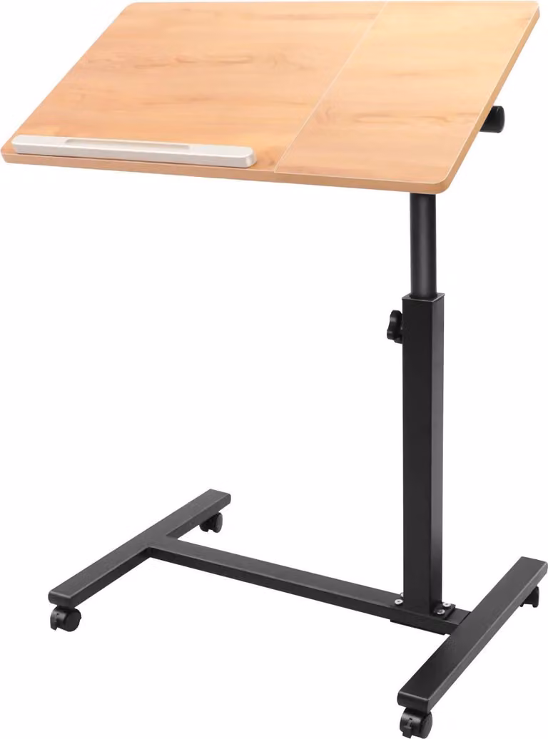 Tavolo rotante per laptop - Postazione di lavoro per computer - Regolabile in altezza da 58 a 90 cm - Ruotabile a 360° - Piano inclinabile - Con rotelle - MDF e acciaio - Nero